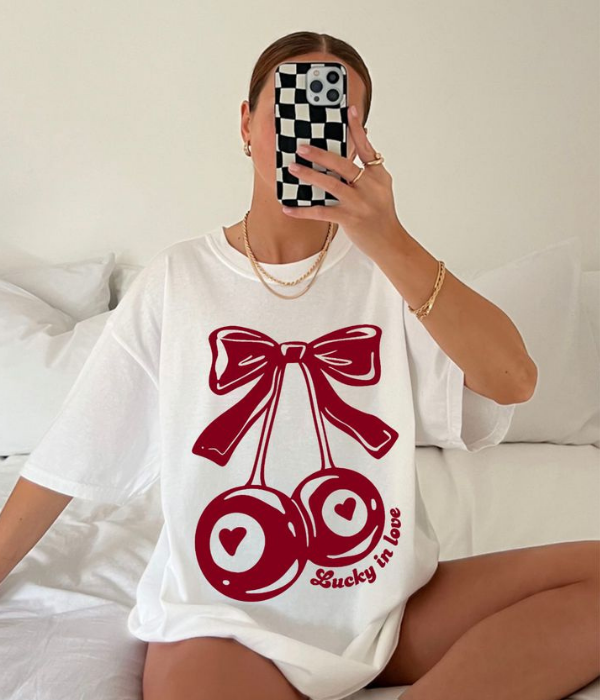 Cherry with Pink Bow - Women Oversized T-shirt