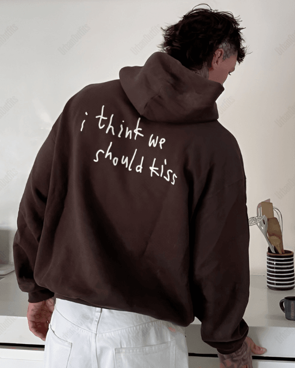 UrbanOutfits Men Oversized Hoodie Brown / Cotton-Fleece / S I think we should kiss - Men Oversized Hoodie [ Unisex ]