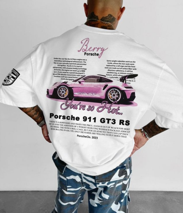 UrbanOutfits Men Oversized T-Shirt White / S Porsche Berry- Men Oversized T-shirt
