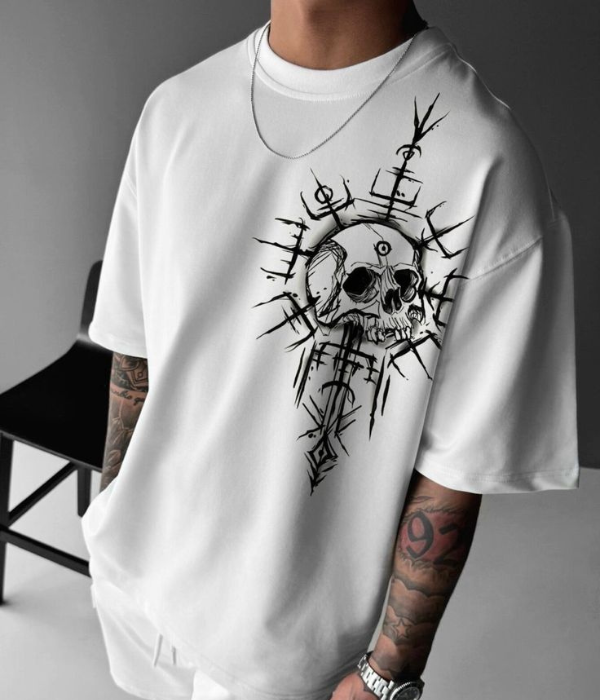 UrbanOutfits Men Oversized T-Shirt White / S Skull Viking- Men Oversized T-shirt
