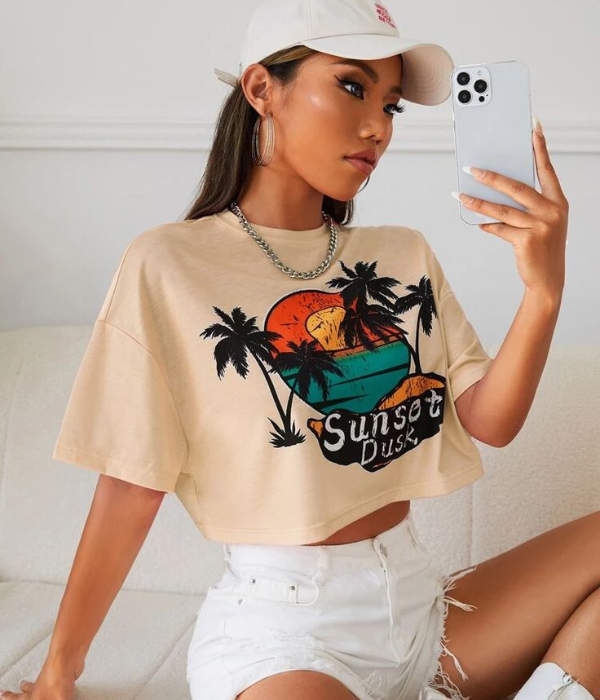 UrbanOutfits Women Crop Top Beige / S Summer Oversized Crop Top