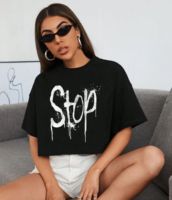 UrbanOutfits Women Crop Top Black / S 'Stop' Oversized Crop Top