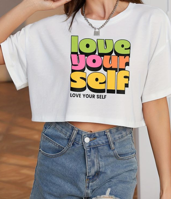 UrbanOutfits Women Crop Top White / S Love your self Oversized Crop Top