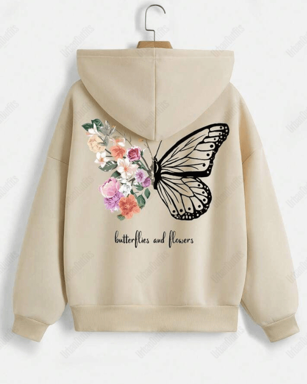 UrbanOutfits Women Oversized Hoodie Beige / Cotton-Fleece / S butterflies & flowers - Women Oversized Hoodie