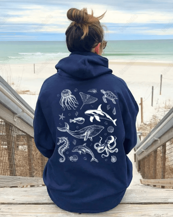 UrbanOutfits Women Oversized Hoodie Navy / Cotton-Fleece / S Sea Fish - Women Oversized Hoodie