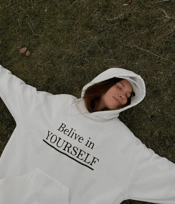 UrbanOutfits Women Oversized Hoodie White / Cotton-Fleece / S 'Belive In Yourself' Oversized Hoodie