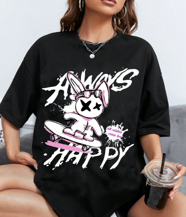 UrbanOutfits Women Oversized T-shirt Black / S ALWAYS HAPPY - Women Oversized T-shirt